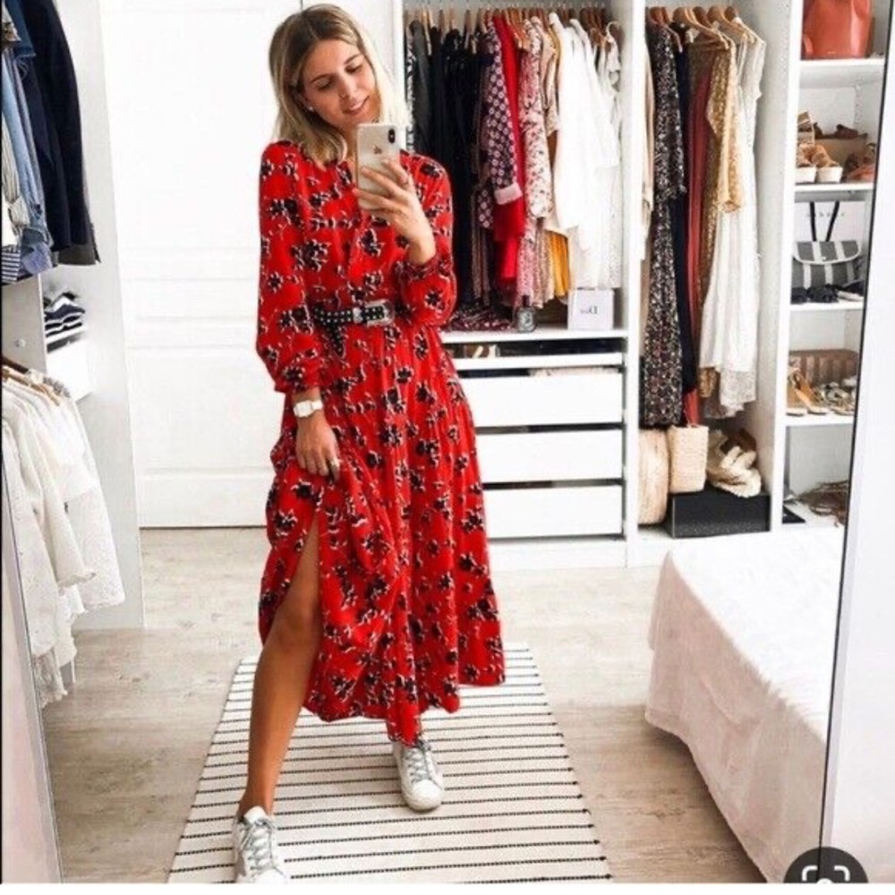 ZARA Angel Midi Maxi Red Black Floral Smock Flared Tiered Dress - Picture 2 of 13